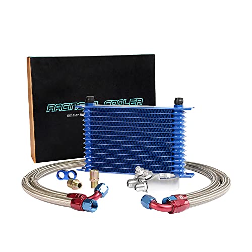 PIT66 Universal AN10 Engine Transmission Oil Cooler Compatible with Japanese Model Blue 15 Row Aluminum with Filter Relocation Kit C Set - color: Blue, size: 15 Row Japanese Model-C Set