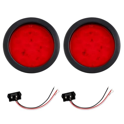 2PCS 4" Round Red LED Trailer Tail Lights - 12 Diodes 3-in-1 Stop/Brake/Turn Lights w/Surface Mount Grommets & 3-Prong Pigtails for Truck Trailer RV Jeep Boat - color: red