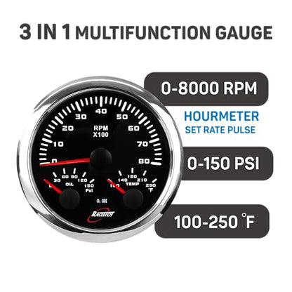 RACETECH 85mm 3in1 Black Tachometer with Black Gauge Cup - Bundle