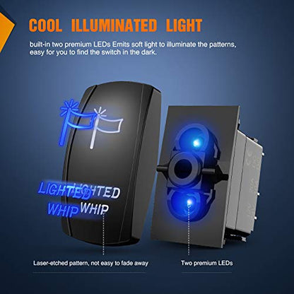 Nilight 90007B Lighted Whip Rocker Switch LED Light Bar 5Pin Laser On/Off LED Light 20A/12V 10A/24V Switch jumper wires set for Jeep Boat Trucks,2 years Warranty , Blue - color: Blue, size: LIGHTED WHIP