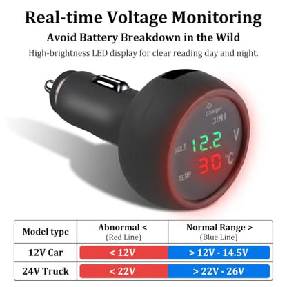 3-in-1 Car USB Power & Voltmeter & Thermometer, Real Time Monitor Gauge with LED Digital Display, Cigarette Lighter Plug and Play Detection Tool, Universal for Cars SUVs Trucks (Black)