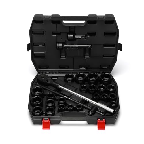 EMENTOL 3/4" Drive Jumbo Impact Socket Set, 27PCS, SAE (7/8"-2") and Metric (22mm-50mm),Shallow, 6-Point,Includes Ratchet Handle, Extension Bars, Sliding Breaker Bar, CR-MO - style: 27PCS SAE (7/8"-2") & Metric (22mm-50mm)
