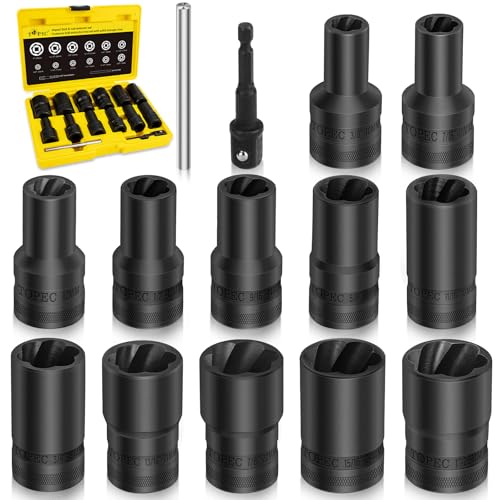 Topec 14PCS Lug Nut Removal Tool, 1/2" Drive Lug Nut Extractor Set, 10-25mm Stripped Lug Nut Remover Socket, Wheel Lock Removal Kit for Damaged, Rusted, Rounded Bolts, Tire Lug Nuts - size: 14 PCS