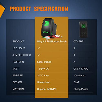 Nilight 5Pin Stereo Rocker Switch Laser Etched Toggle SPST - color: Green, size: STEREO