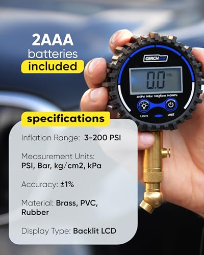 GERCHWAY Digital Tire Pressure Gauge for Cars — 200 PSI - size: 3х1.4х5.4
