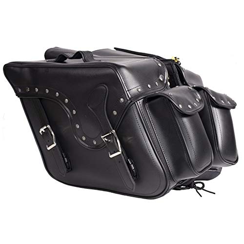 Motorcycle Biker Studded PVC Saddle Bags Set – Cruiser Luggage for Touring & Travel, Heavy Duty Saddlebags for Bikes