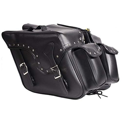 Motorcycle Biker Studded PVC Saddle Bags Set – Cruiser Luggage for Touring & Travel, Heavy Duty Saddlebags for Bikes