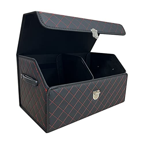 Trunk Organizer for Car With Lid,Foldable Trunk Organizer for SUVs & Sedans,Multi-Functional Leather Storage Box- Black Red Grid - Small - color: Black Red Grid, size: Small