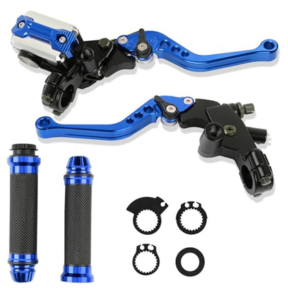 DREAMIZER Universal 7/8" 22mm Motorcycle Handlebar Brake Master Cylinder Clutch Levers CNC Left & Right Set + Hand Grips Compatible with Harley Honda Kawasaki Yamaha Suzuki (Blue) - color: Blue