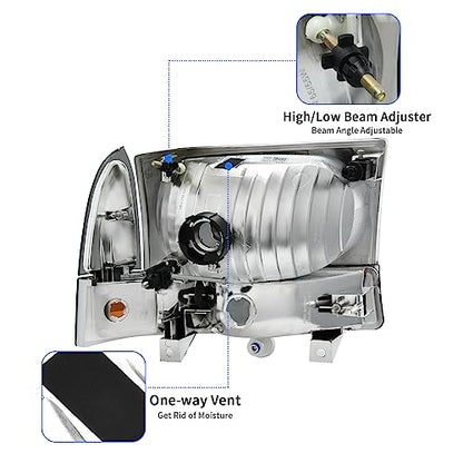 DWVO Headlight Assembly Compatible with 1999-2004 Ford F-250 F-350 F-450 F-550 Super Duty/2000-2004 Ford Excursion Pickup Truck Signal Lamps Smoked Lens Amber Reflector - color: Chrome+Smoke Lens, style: Fit 99-04 F250