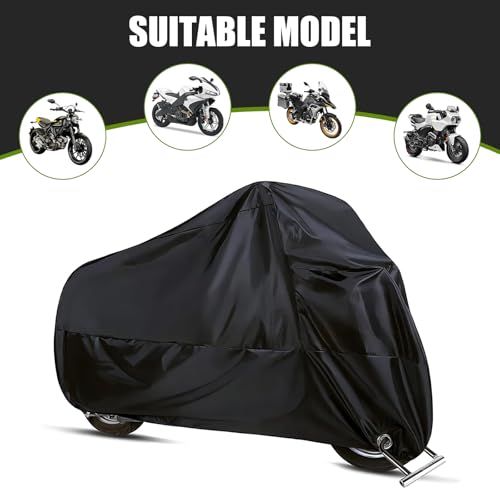 Motorcycle Cover for All Seasons, Full Coverage Waterproof Sun Protection Cover with Storage Bag, Anti-Theft Design Outdoor Protection with Lock-Holes, for Motorcycles (Black)