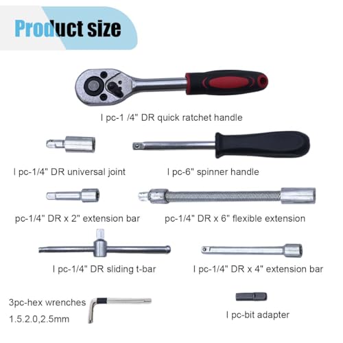 LAINLOY 46PCS 1/4 Inch Drive Socket Set, Mini Ratchet Wrench Set with Storage Case, Professional Tool Set with Bit Socket Set Metric and Extension Bar, Fits Car Repairing and Household (Red)