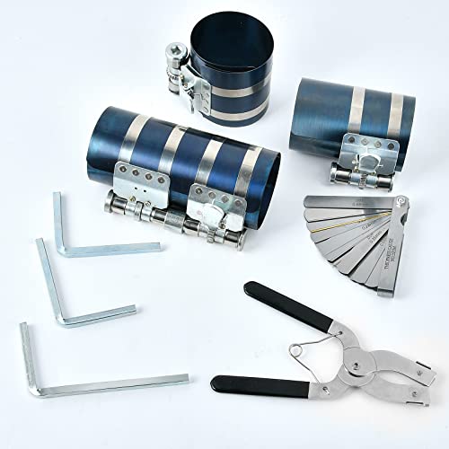 8Pcs 3" 4" 6" Piston Ring Compressor, Car Engine Piston Ring Compressor Tool with Pliers, Hex key and Stainless Steel Feeler Gauge, Piston Ring Installation Tool for Car Engine