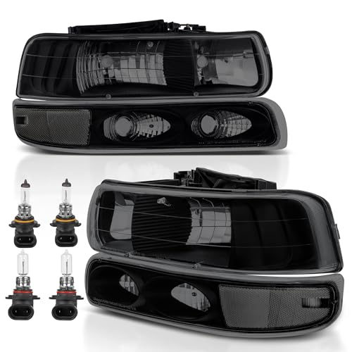 KUIPERAUTO Headlight Assembly Front Lamp Compatible with 1999-2002 Chevrolet Silverado 1500 2500 2000-2006 Suburban 1500 2500 Tahoe Black Housing/Smoked lens/Transparent Corner w/Bulb - color: Black/Smoked/Clear