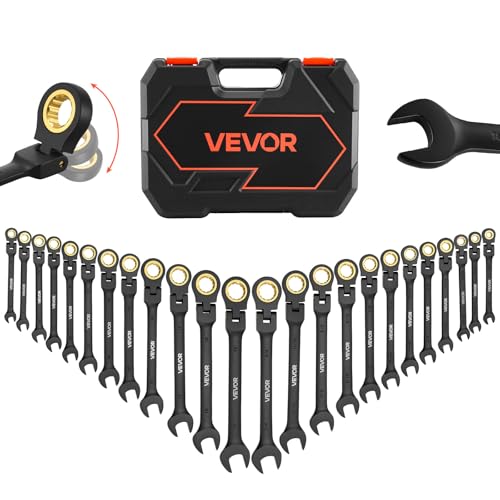 VEVOR 24-piece Ratcheting Wrench Set with 180° Flex Head, Anti-Slip Tooth, Combination Wrench Sets with Organizer Box, Metric 8-19mm & SAE 1/4-7/8", Black Electrophoretic Coating - color: Black 24pcs, size: Metric&SAE