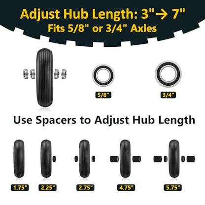 13 Inch No Flat Wheelbarrow Tire, 4.00-6 Flat Free Solid Replacement Wheel with 5/8" & 3/4" Bearings, 1.75"-6" Adjustable Hub for Wheelbarrow, Gorilla Cart, Garden Cart | 2-Pack