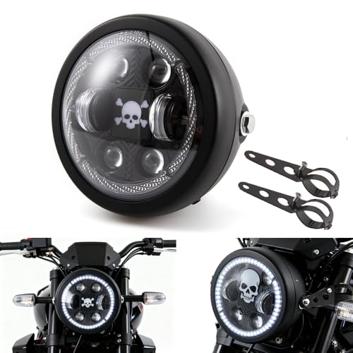 Motorcycle Universal 6.5" Headlight Round Headlamp with DRL Hi/Lo Beam for Motorbikes Cruisers Choppers Cafe racers - color: Skull White Yellow Light