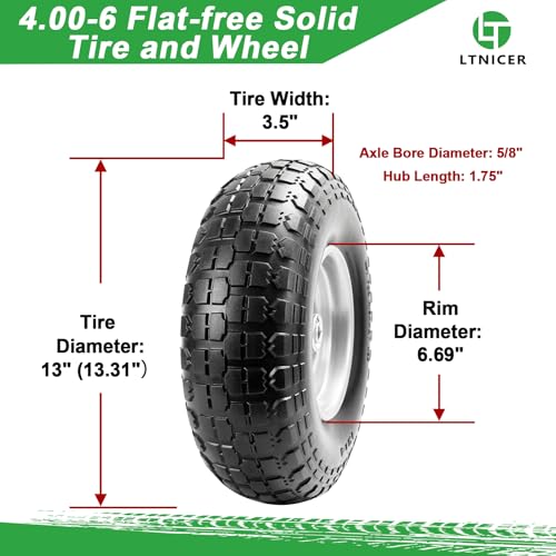 4.00-6 Flat Free Wheelbarrow Tire, 13" Wheelbarrow Wheels and Tires with 5/8" or 3/4" Bearings, 1.75" Centered Hub for Garden Carts, Hand Truck Replacement Wheel(2 PCS) - size: 2 PCS