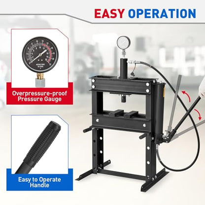 10 Ton Hydraulic Shop Press, Heavy-Duty H-Frame Garage Floor Press with Stamping Plates, Adjustable Height Bearing Press for Metal Straightening, Bending, Parts Pressing & Automotive Repair