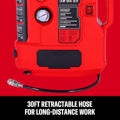 CRAFTSMAN Wall Mount Air Compressor With 8 PCS Accessory Kit, Tire Inflator Portable & Quiet Air Compressor with Retractable 30ft Air Hose, Mini Tank 125 PSI MAX Pressure & 1.5 HP for Garage and Home