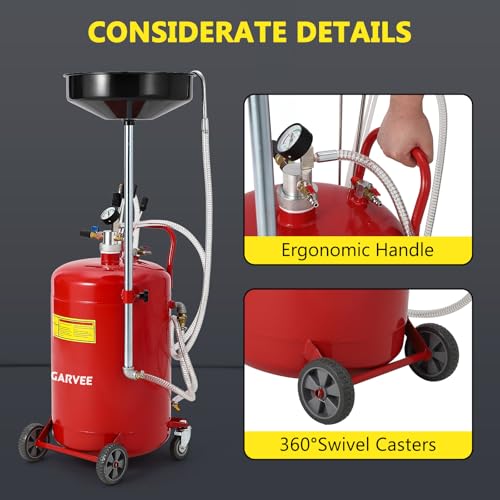 Garvee 20 Gallon Waste Oil Drain Tank, Portable Oil Drain Container, Air Operated Drainer, Fluid Fuel Transfer Drainage, Adjustable Funnel Height with Wheel &15'' Premium Bowl and a Toolbox - size: 20 Gallon - L Size