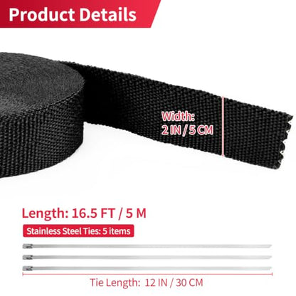2" x 16.5' Black Exhaust Wrap Basalt Fiber with 5 Metal Ties - color: Black, size: 2" x 16.5'