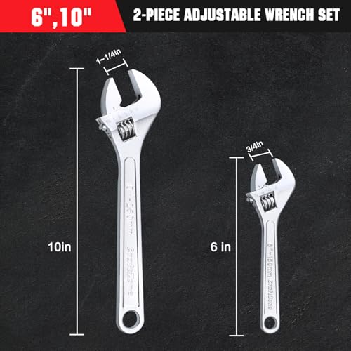 Adjustable Wrench Set, 2pc Wrench Sets with SAE and Metric Scales, Heat-Treated Carbon Steel with Chrome Plated, Wide Jaw Wrenches for Home, Plumbing, Garage (6, 10 Inch) - size: 6-inch,10-inch