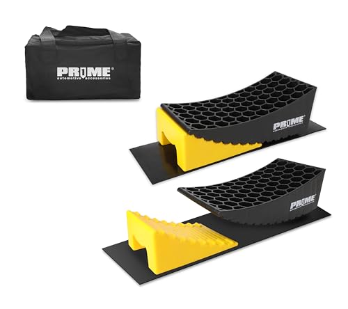 PR1ME RV Leveling Blocks, Heavy Duty Camper Leveler Kit, 2 Pack Curved RV Levelers with Anti-Slip Mats & Wheel Chocks, Faster Leveling System for Travel Trailer, Motorhome & Dual Axles - size: Height to 4 inch