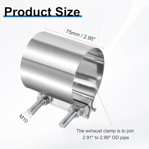 HARFINGTON Exhaust Clamp 2.99" Stainless Steel Lap Joint Band Clamp Exhaust Pipes Connection with M10x55.5 Screws for Car Muffler Elbow Pipes - size: 2.99 inch