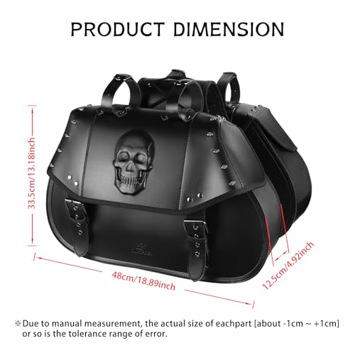 Motorcycle Saddlebags 34L Large Capacity PU Leather Side Saddle Bags Waterproof Universal for Harley Honda Yamaha Kawasaki (3D Skull,Black)