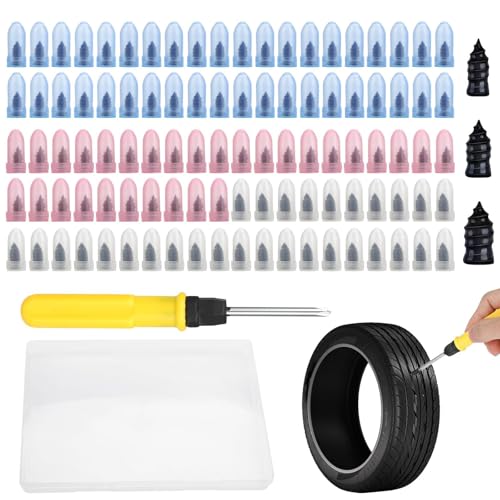 Linkstyle 100PCS Tire Repair Kit, Screw-in Tire Plug Set with 3 Sizes Rubber Plugs, Flat Tire Puncture Repair Screws for Car Truck Motorcycle SUV Roadside Emergency Fix with Screwdriver & Storage Case - size: 100PCS with 3 Sizes