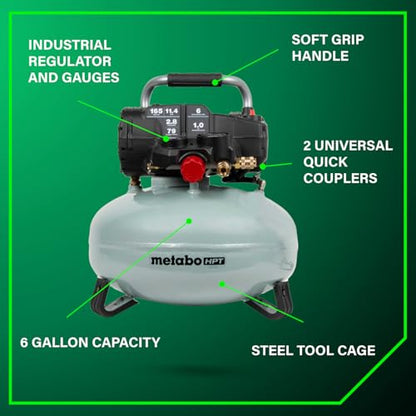 Metabo HPT Pancake Air Compressor, 6-Gallon 165PSI, Portable Air Compressor with 1.0 HP Oil-Free High Efficiency Motor, Lihghtweight, Quick Couplers for Fast Tool Changes, EC711S - style: 6-Gallon Pancake, 165 PSI