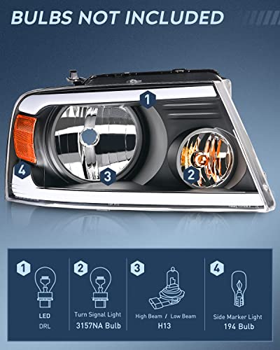 Nilight Headlights Assembly for Ford F150 F-150 2004 2005 2006 2007 2008 - color: Black Housing+ Amber Reflector DRL