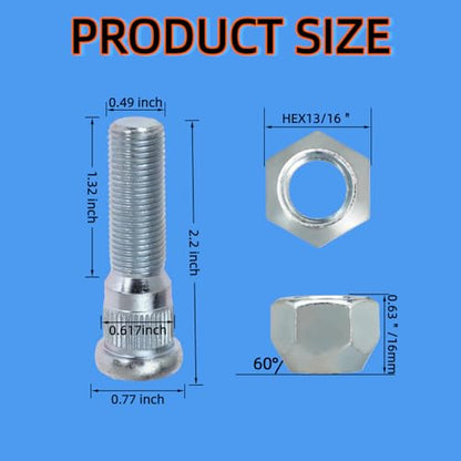 12Sets Trailer Studs with Nuts 1/2"-20 for 3500-4400 lb – 0.617" Spline, 0.77" Head, 2.2" L