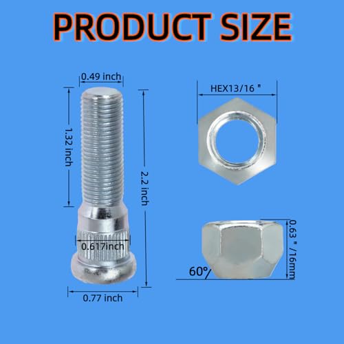 12Sets Trailer Studs with Nuts 1/2"-20 for 3500-4400 lb – 0.617" Spline, 0.77" Head, 2.2" L