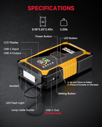 GOOLOO A5 Jump Starter with Air Compressor, 4000A Car Battery Booster - color: Yellow