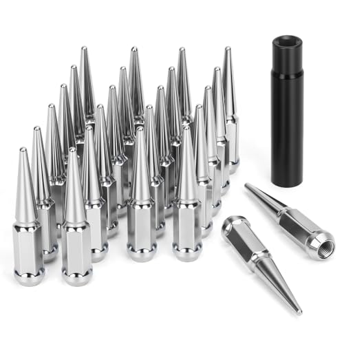 DYNOFIT M14x1.5 Spike Lug Nuts Compatible with Chevy Ford GMC Jeep Lincoln,24PCS Silver Closed End Nuts, for Conical Bulge Seat, for 1999-2026 Silverado 1500,2015-2026 Expedition Aftermarket Wheel - color: Silver, size: M14x1.5 24 pcs