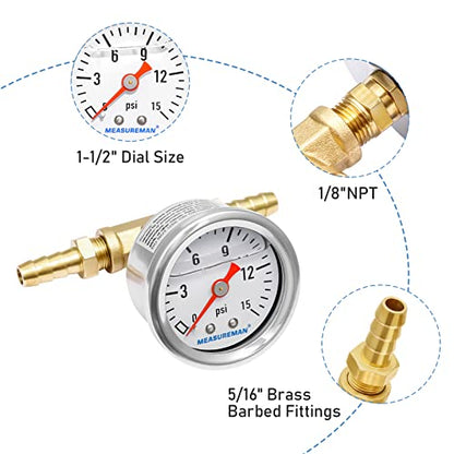 MEASUREMAN Fuel Pressure Gauge Kit 0-15Psi Stainless Steel Glycerin Filled, 1-1/2" Dial Size, with 5/16" Fuel Line Fuel Pressure Brass T-Fitting Adapter, Center Back Mount - size: 0-15 psi, style: Back Mount T-Fitting Adapter
