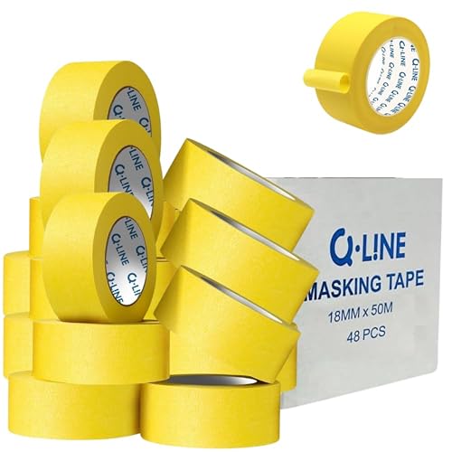 Automotive Masking Tape 3/4 Inch (18mm x 50m), 48 Rolls Yellow Automotive Refinish Masking Tape, High Adhesion Auto Body Paint Tape with Clean Removal, Moisture Resistant for Car Painting & Detailing