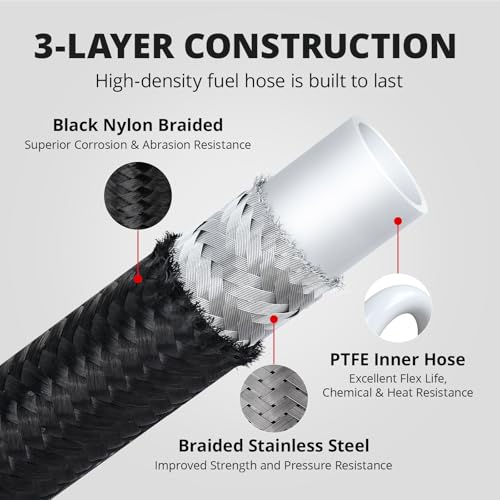 EVIL ENERGY 6AN PTFE Fuel Line Kit 70" Transmission Fluid Oil Cooler Hose Line kit for 4L60E 4L80E,AN6 Nylon Braided PTFE Fuel Hose Kit for TH350 TH400 700R4 TR6060 4R70W Ford C5 5.8FT Black - color: Black