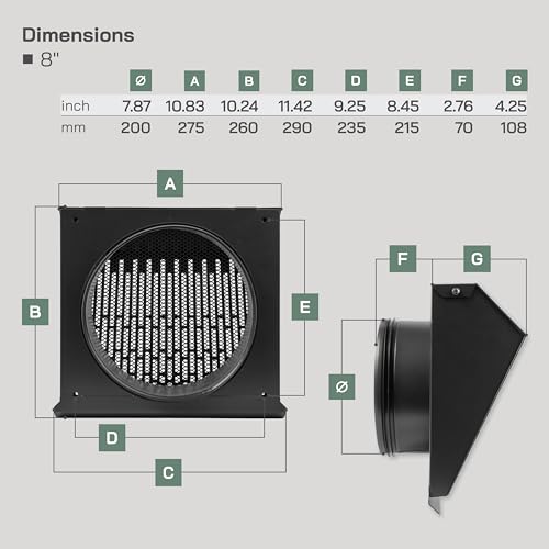 Vent Systems 8" Inch Exhaust Vent Cover with Rubber Gasket - Graphite Black Galvanized Steel - Robust and Weatherproof Outdoor Air Exhaust Box - Duct or Surface Mounting - Rain, Snow Protection - color: Graphite Black, size: ø8" Inch - Exhaust