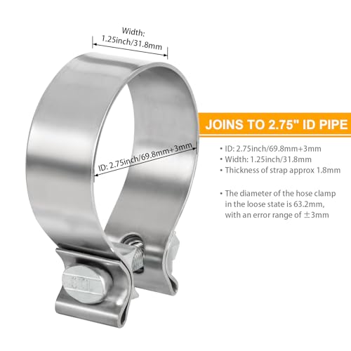 TIROL 2.75 inch Exhaust Clamp, 2 3/4" Exhaust Band Clamp Stainless Steel - color: 2.75 Exhaust Clamp 2pcs