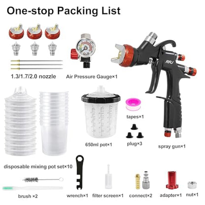A610 LVLP Air Spray Gun Premium Kit, Automotive Paint Guns with 1.3/1.7/2.0mm Nozzles & Air Regulator, 10x 650ML Disposable Cups, Paint Gun for Cars, Furniture, Fence, Varnish&Top Coat - color: Black