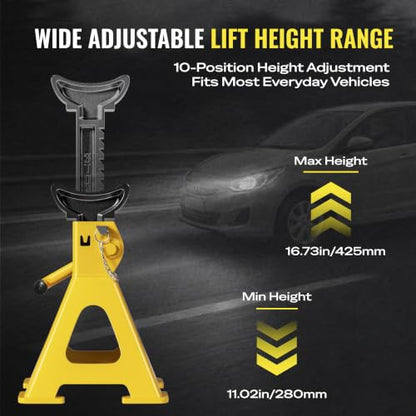 AUTOWN Jack Stands 3 Ton, Double Locking Heavy Duty Car Jack Stand, 1 Pair - color: Bright Yellow (Standard Duty)