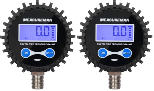 MEASUREMAN 2-1/2" Dial Size Digital Air Pressure Gauge with 1/4'' NPT Bottom Connector and Protective Boot, 0-60psi, Accuracy 1%, Battery Powered, with LED Light (Pack of 2) - size: Long thread (Pack of 2), style: 0-60psi