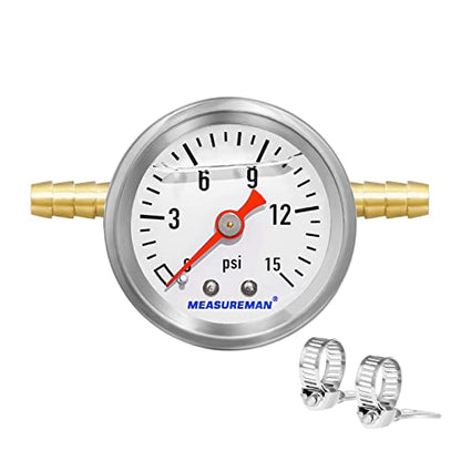 MEASUREMAN Fuel Pressure Gauge Kit 0-15Psi Stainless Steel Glycerin Filled, 1-1/2" Dial Size, with 5/16" Fuel Line Fuel Pressure Brass T-Fitting Adapter, Center Back Mount - size: 0-15 psi, style: Back Mount T-Fitting Adapter