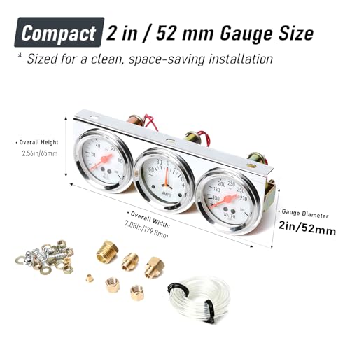 2" 52mm Triple Gauge Set, 3-in-1 Gauge Kit with Oil Pressure, Water Temperature & AMP Gauges, Backlit Dial, Universal for Most 12V Vehicles - style: Oil Press.+Ammeter+Water Temp.