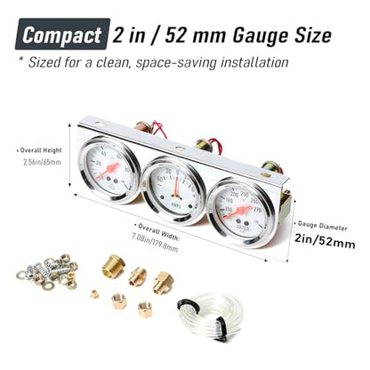 2" 52mm Triple Gauge Set, 3-in-1 Gauge Kit with Oil Pressure, Water Temperature & AMP Gauges, Backlit Dial, Universal for Most 12V Vehicles - style: Oil Press.+Ammeter+Water Temp.