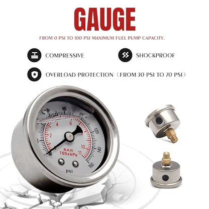 EFI Fuel Pressure Regulator Kit 30-70psi with Gauge 6AN Fuel Line Fitting Universal Adjustable Aluminum (Black+Red) - color: black+red