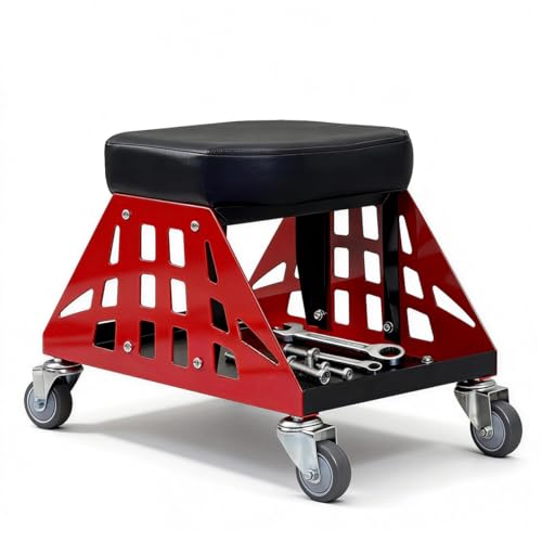 Mechanic Stool 400 LBS Capacity Garage Stool Gift for Men, Heavy Duty Rolling Mechanics Seat, Tools for Automotive Auto Repair (Red) - color: Red